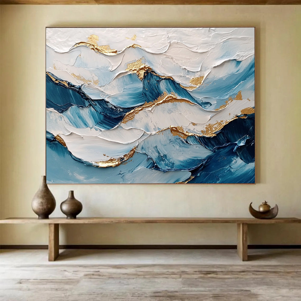 Blue and Gold Wave Textured Abstract Painting ABS261