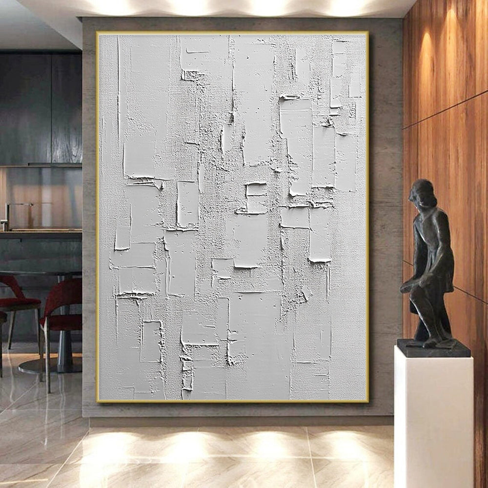 White Textured Rectangular Assemblage Painting with Minimalist Depth WINK063