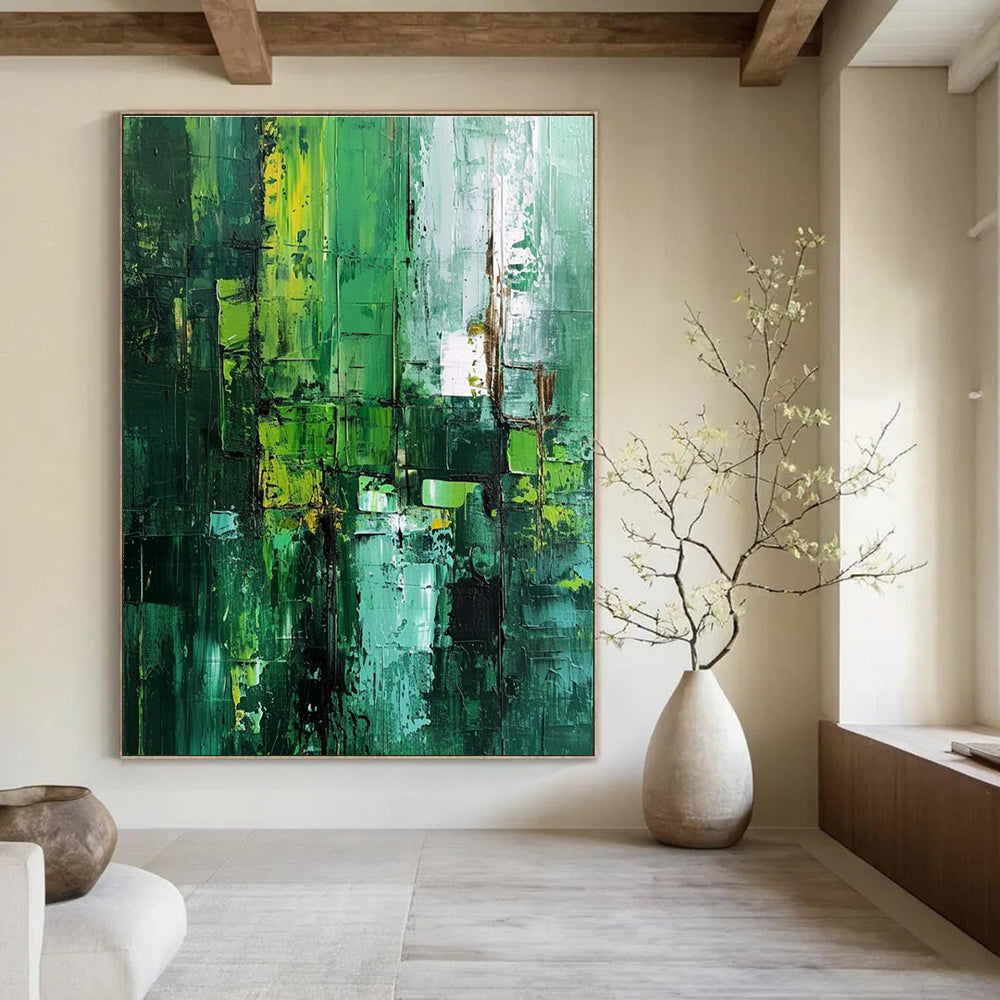 Green Textured Abstract Painting for Eco - Friendly Office Break Rooms HENG012