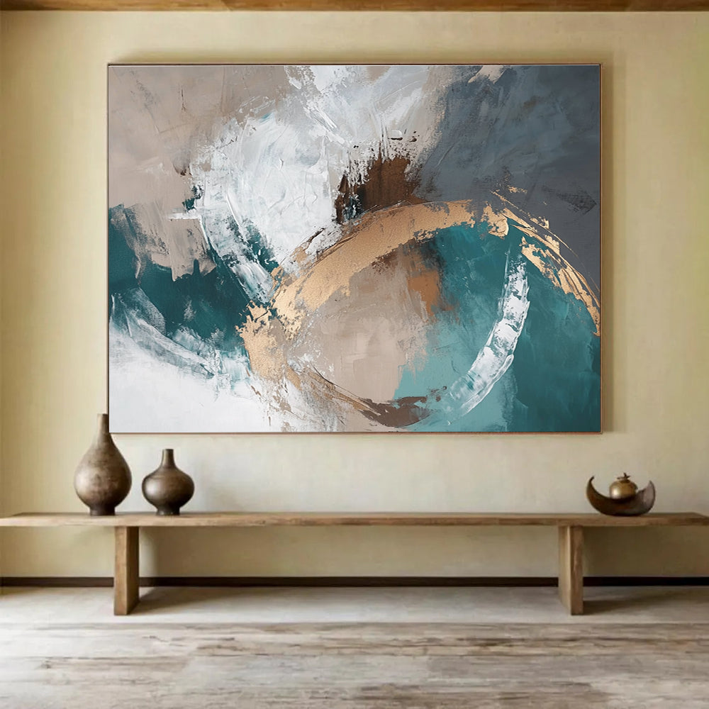 Beige, Teal and Gold Abstract Painting with Textured Layers ABS402
