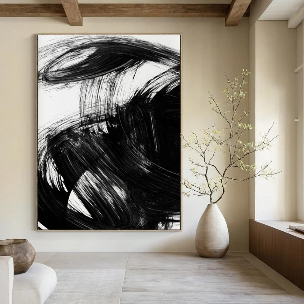 Bold Black Ink Abstract Painting for Zen - Inspired Meditation Spaces HENG195