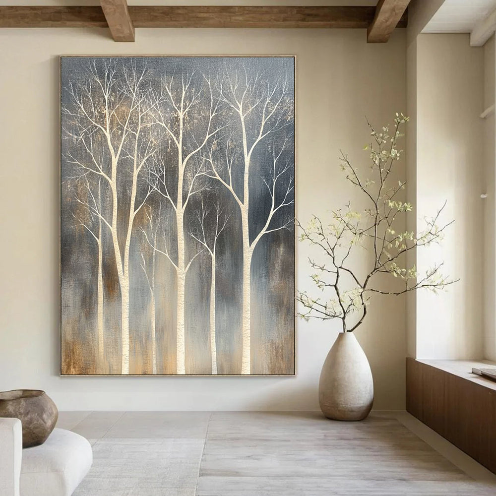 White Trees on Dark Background Abstract Painting for Contemporary Forest - Themed Galleries GAB0817