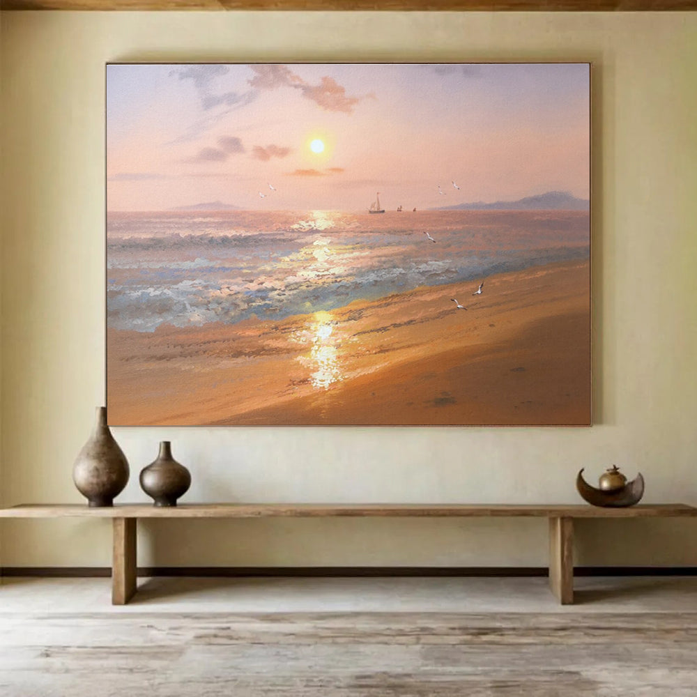 Beach Sunset with Birds and Boats Abstract Painting for Coastal Resort Lobbies YHT271
