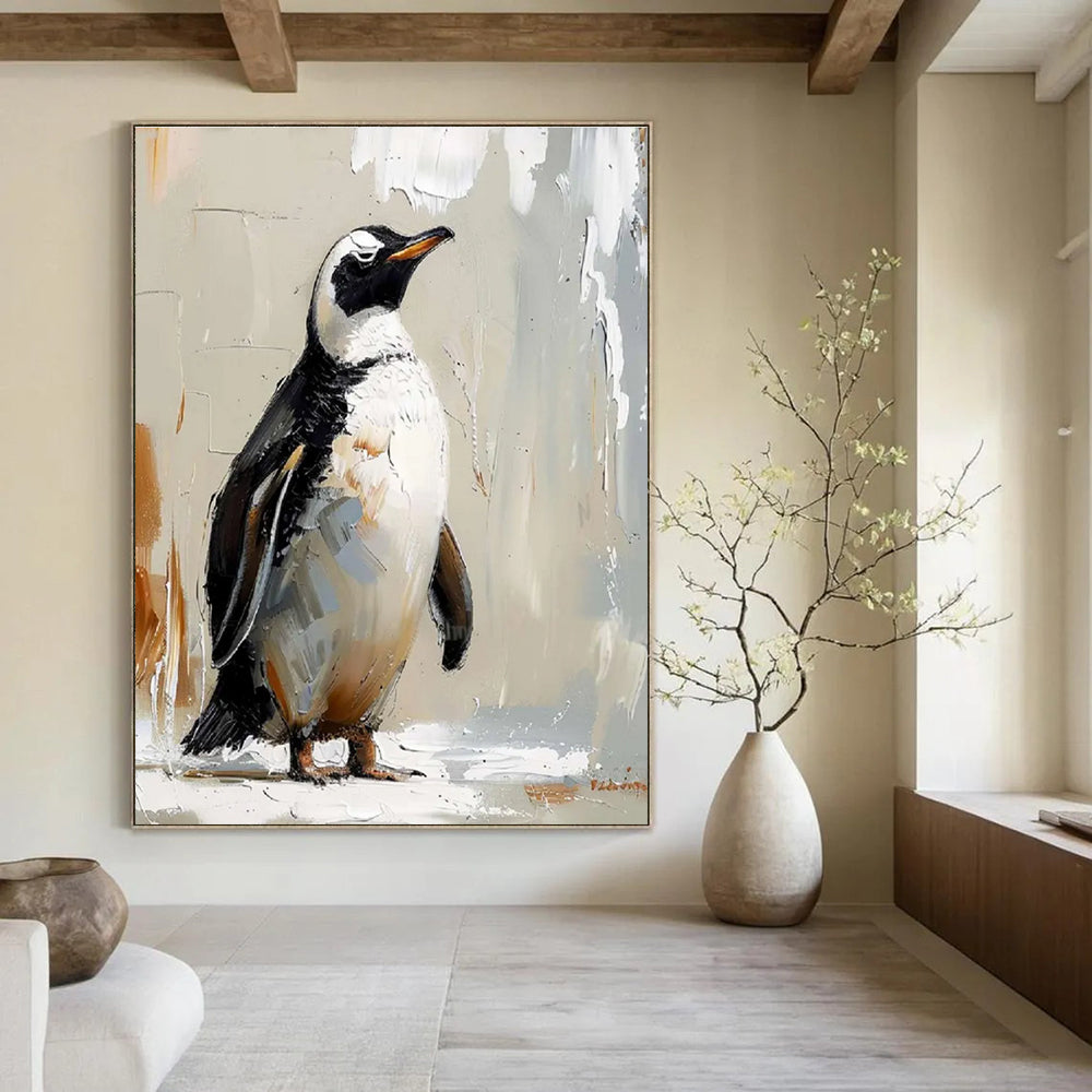 Textured Penguin Portrait Abstract Painting for Playful Kids' Spaces HENG496