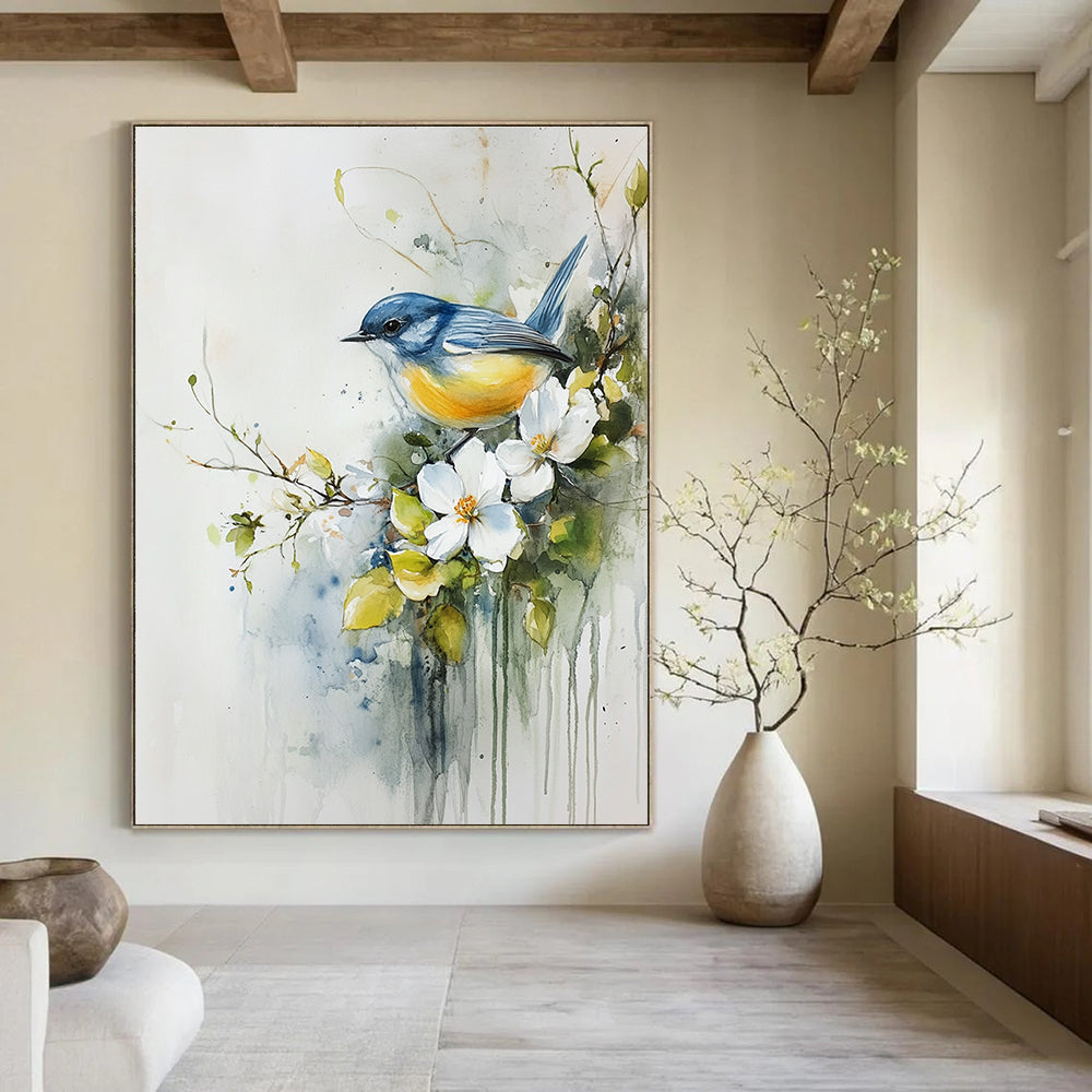Delicate Bird and Flowers Abstract Painting with Watercolor Whimsy GAB0017