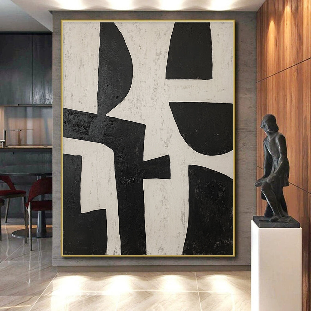 Black and White Geometric Interplay Abstract Painting with Bold Simplicity WINK238