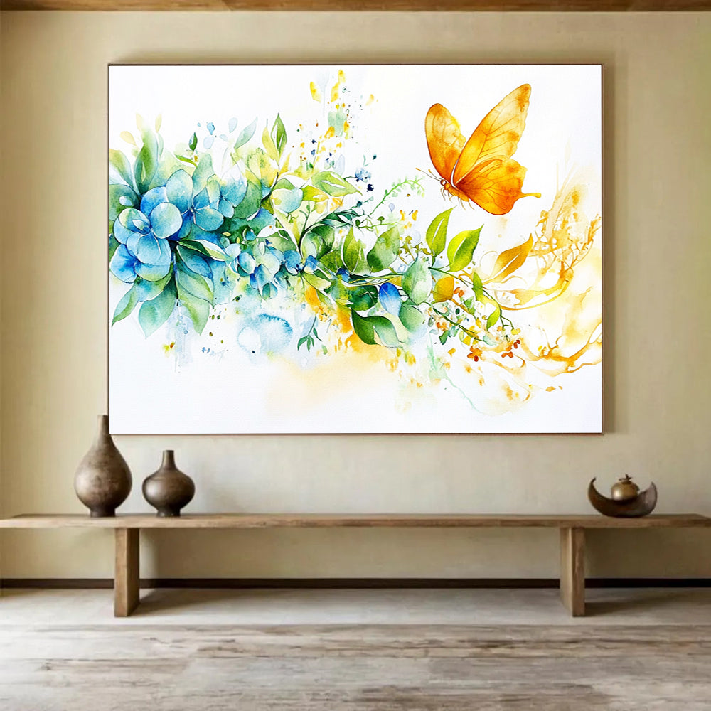 Blue Hydrangeas and Butterfly: Delicate Nature’s Moment Abstract Painting ABS158