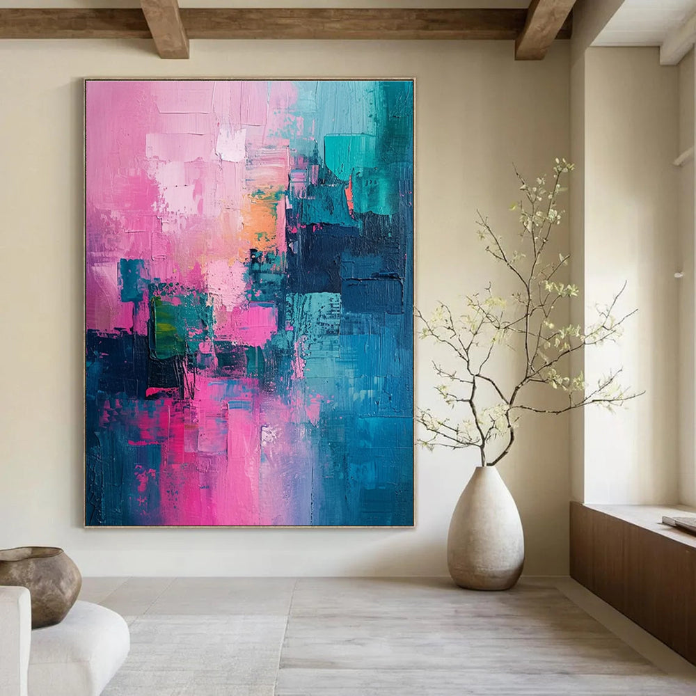 Soft Pink and Teal Abstract Painting for Bedroom Retreats HENG061