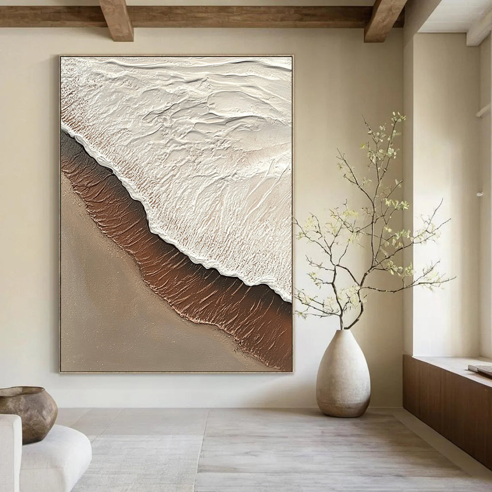 Textured Beach Wave in Brown and White Abstract Painting with Coastal Textures GAB0079