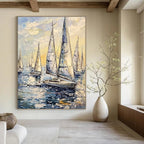 Fleet of Sailboats on Sea Vivid Abstract Painting for Energetic Spaces GAB1464