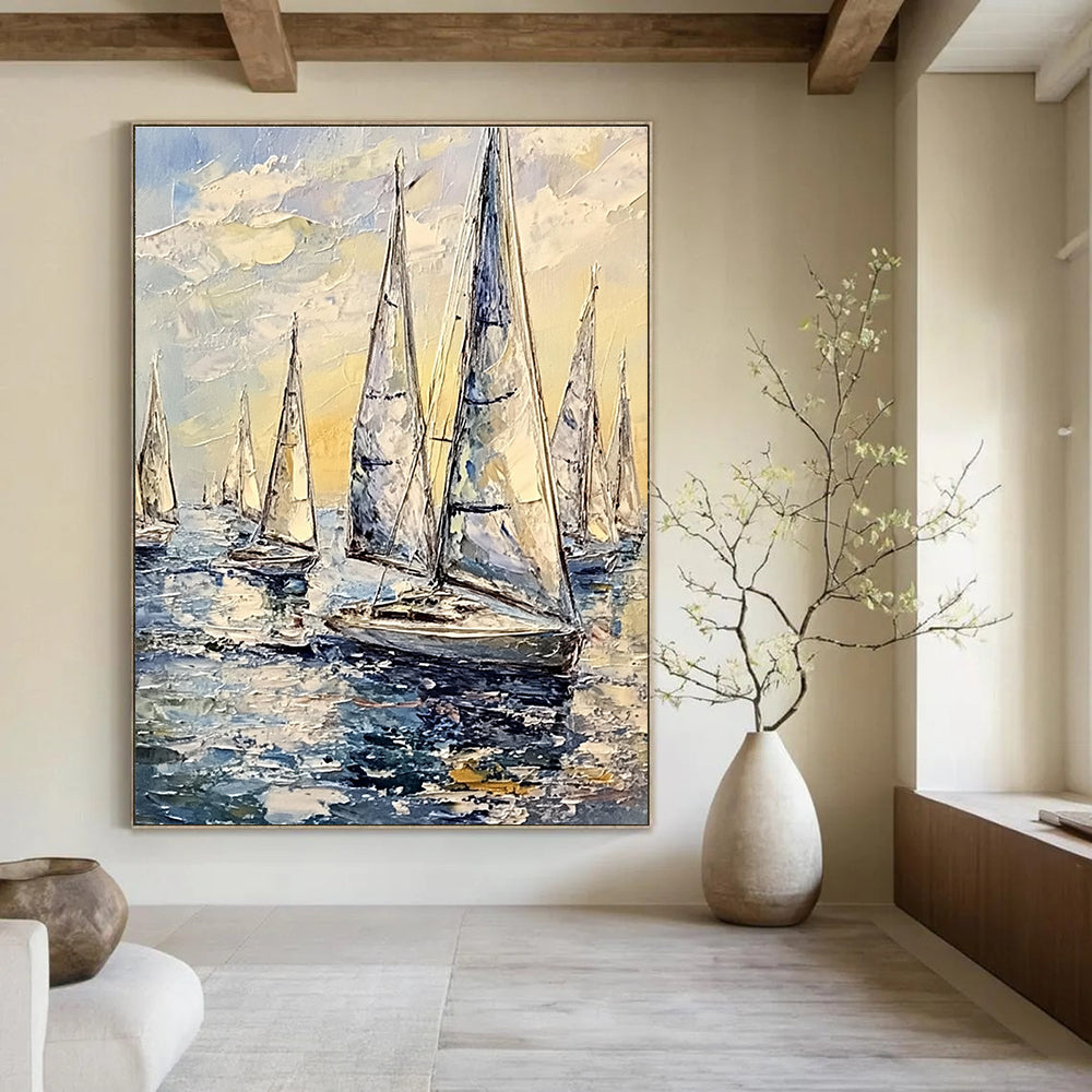Fleet of Sailboats on Sea Vivid Abstract Painting for Energetic Spaces GAB1464
