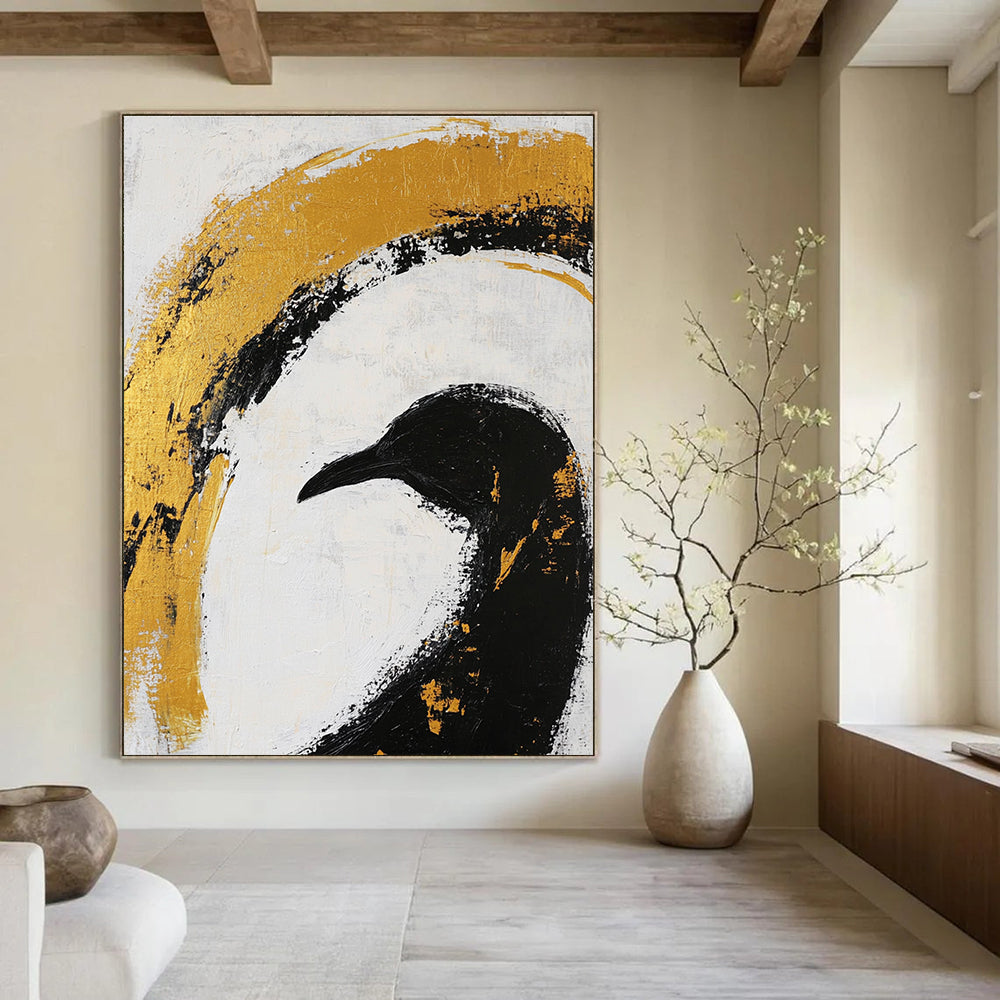Black Bird Gold Arc Art - Symbolic Minimalist Abstract Painting GAB0438