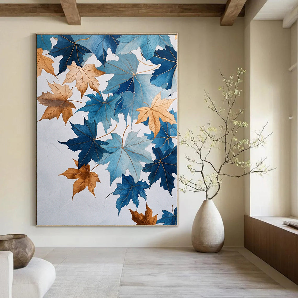 Blue and Gold Leaves Artistic Botanical Abstract Painting GAB0307