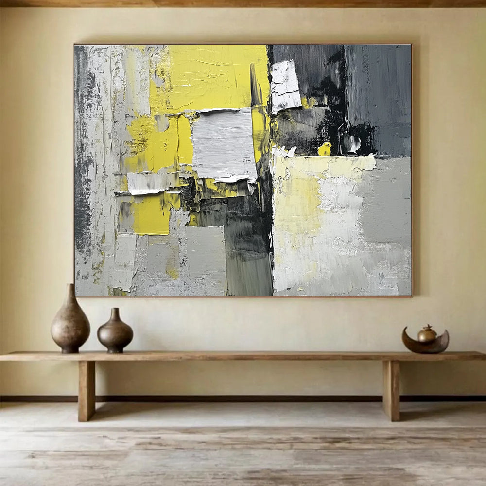 Yellow, Gray and Black Collage Abstract Painting with Textured Layers ABS399