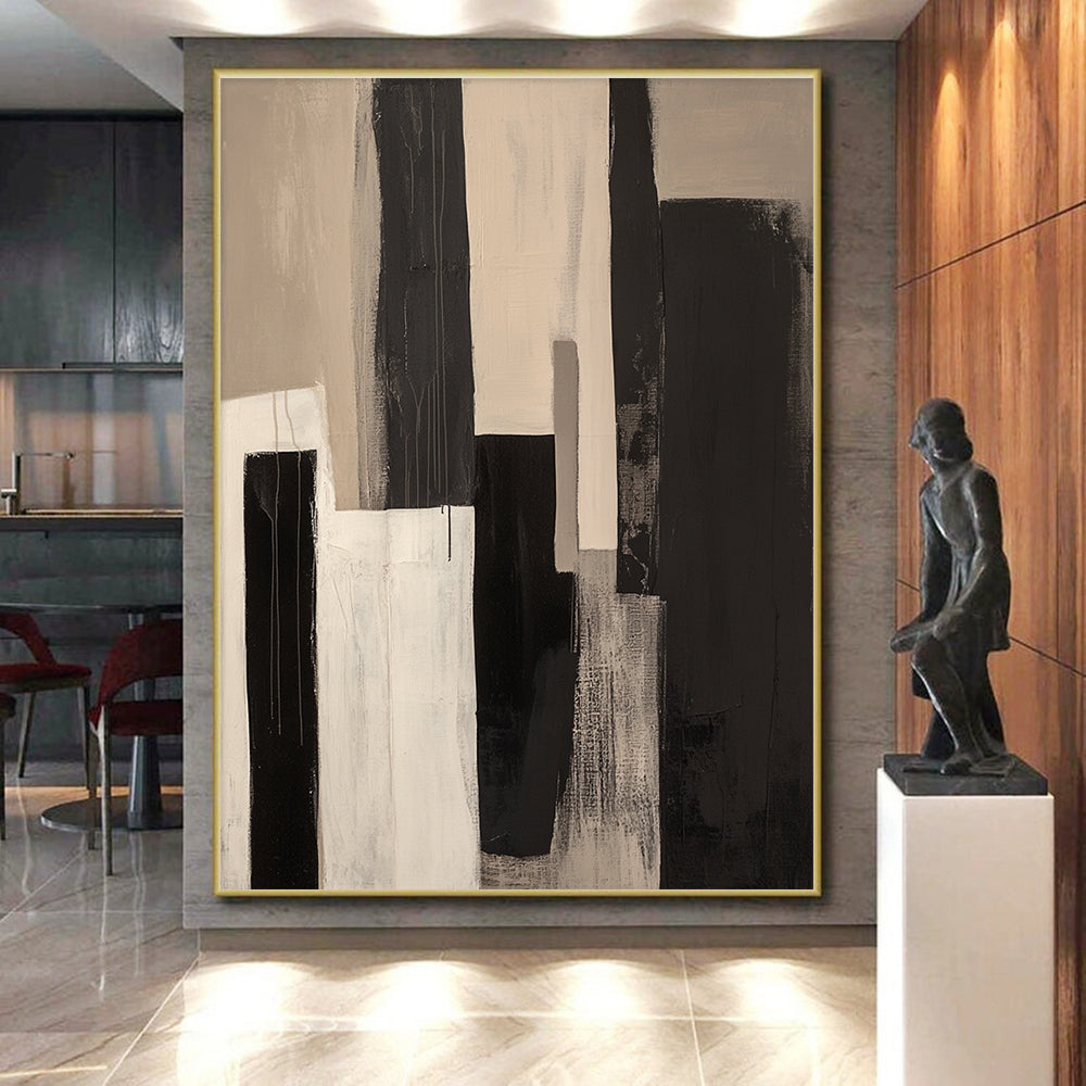 Black and White Vertical Abstract Painting with Stark Contrast WINK228