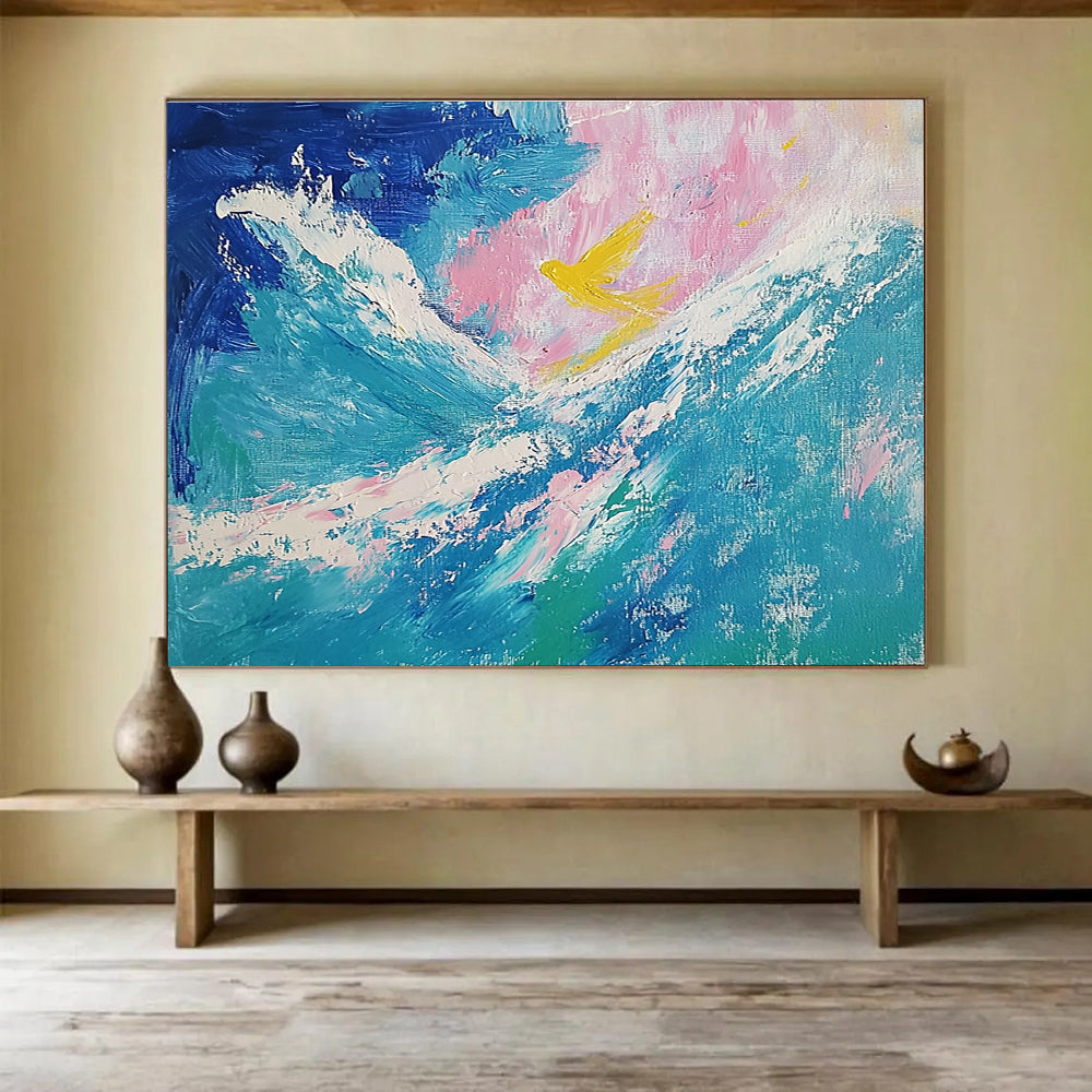Yellow Bird over Waves Abstract Painting with Dreamy, Symbolic Elements ABS522