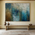 Teal and Gold Abstract Layers Painting for Modern Beach Houses YHT337