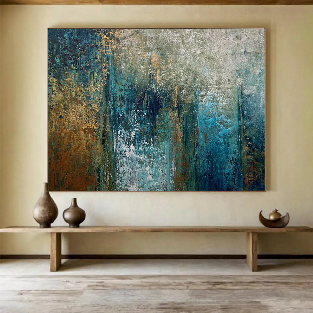 Teal and Gold Abstract Layers Painting for Modern Beach Houses YHT337