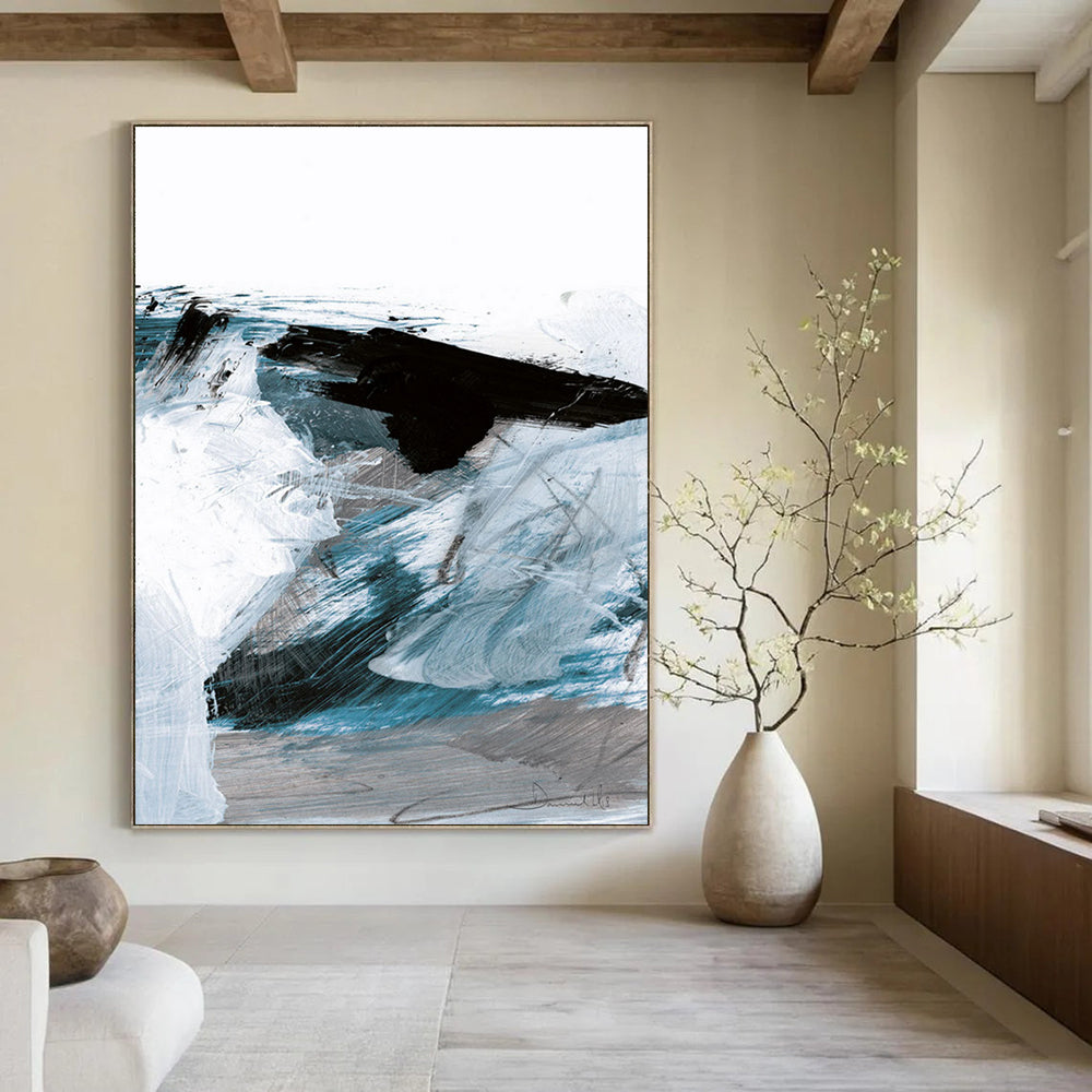 Dynamic Blue - Black Abstract Waves Painting for Coastal Interiors HENG220