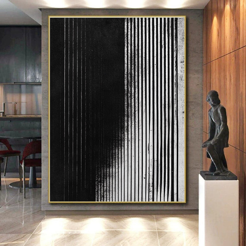 Vertical Black and White Stripes Abstract Painting with Structured Rhythm WINK013