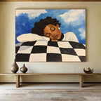 Dreaming Figure on Checkered Pillow Abstract Painting with Calm Intimate Vibe ABS561