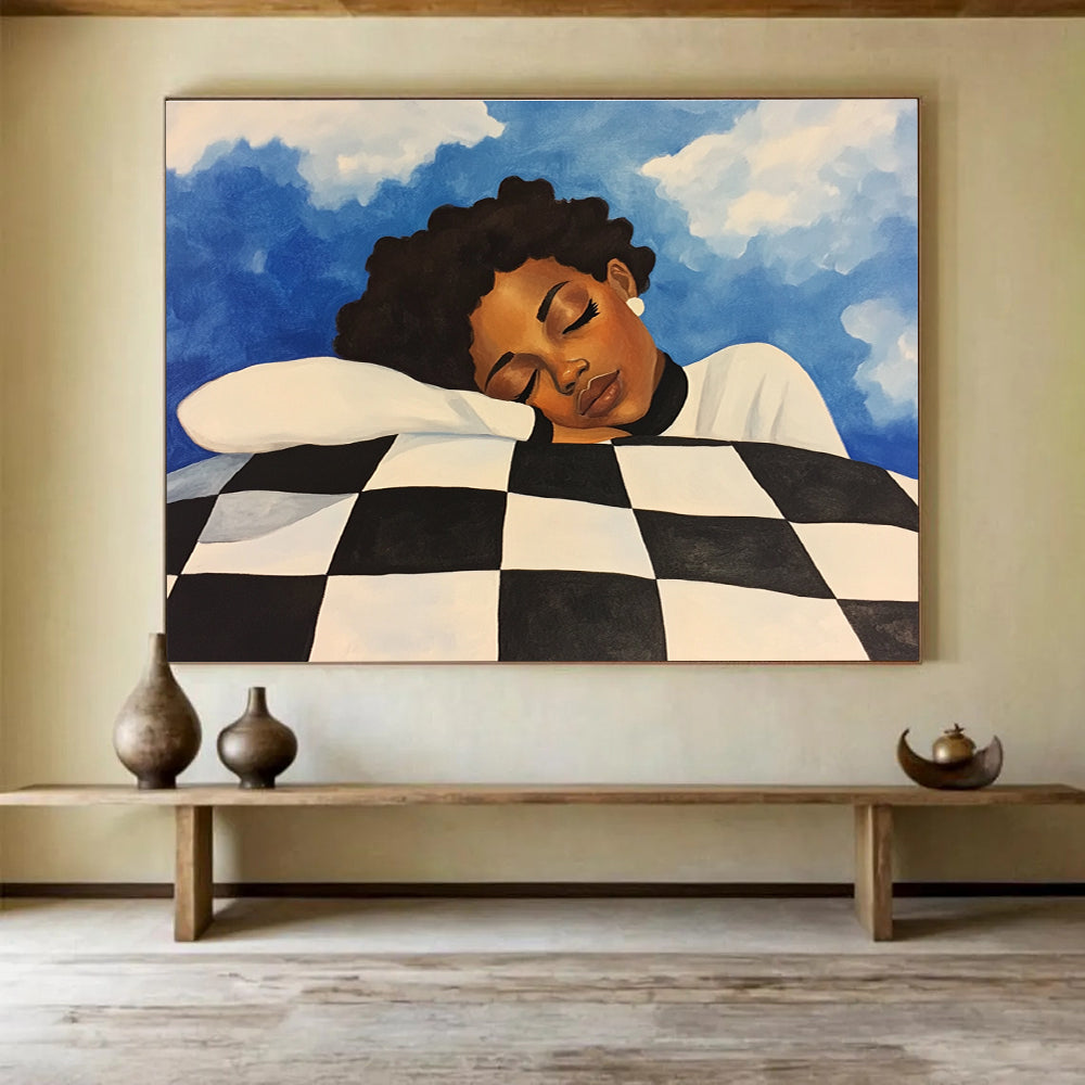 Dreaming Figure on Checkered Pillow Abstract Painting with Calm Intimate Vibe ABS561