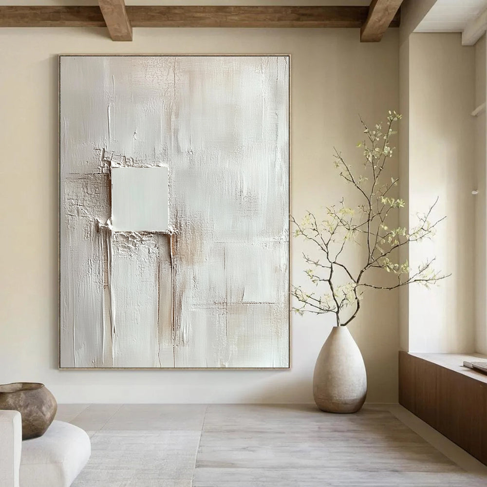 Textured White Square Minimalist Abstract Painting GAB0314