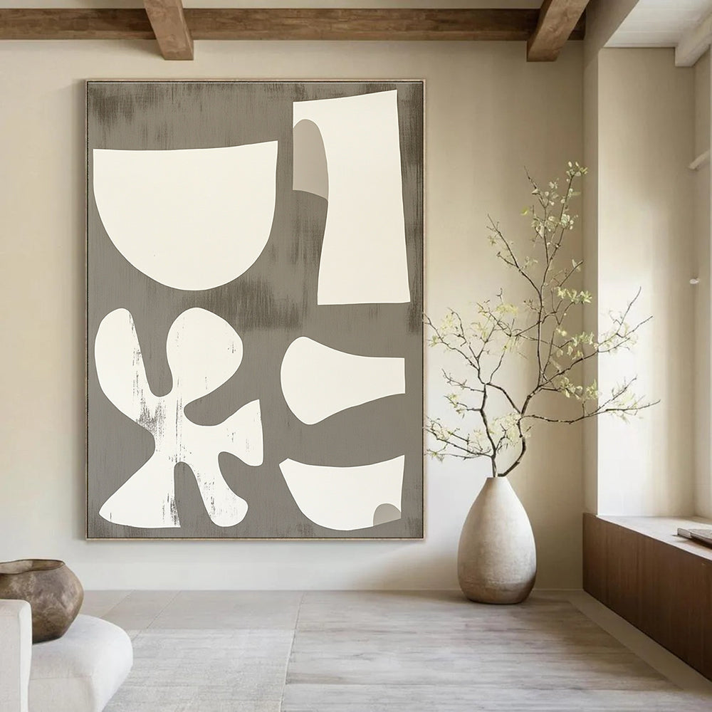 White Shapes on Gray Playful Abstract Painting for Creative Spaces GAB1539