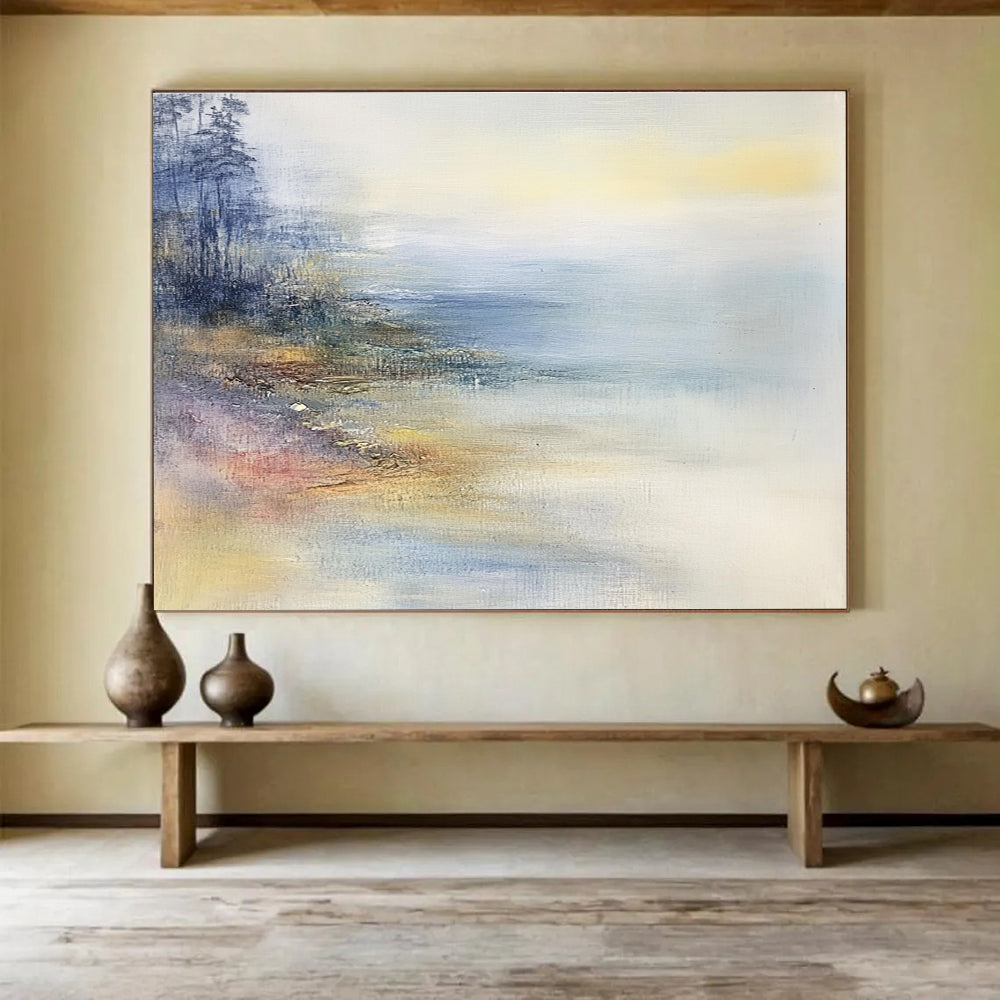 Misty Lakeside Abstract Painting with Soft Hues ABS269