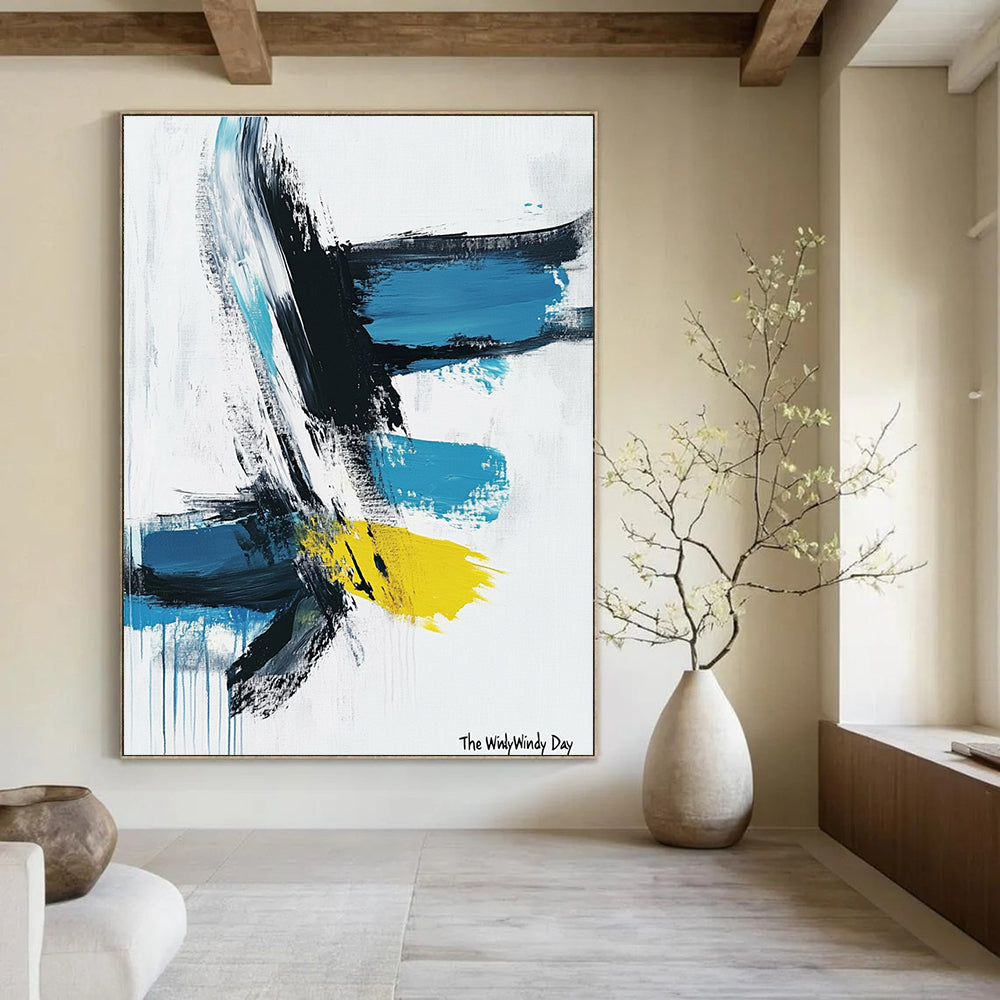 Dynamic Blue and Yellow Abstract Painting of Vivid Motion GAB0206