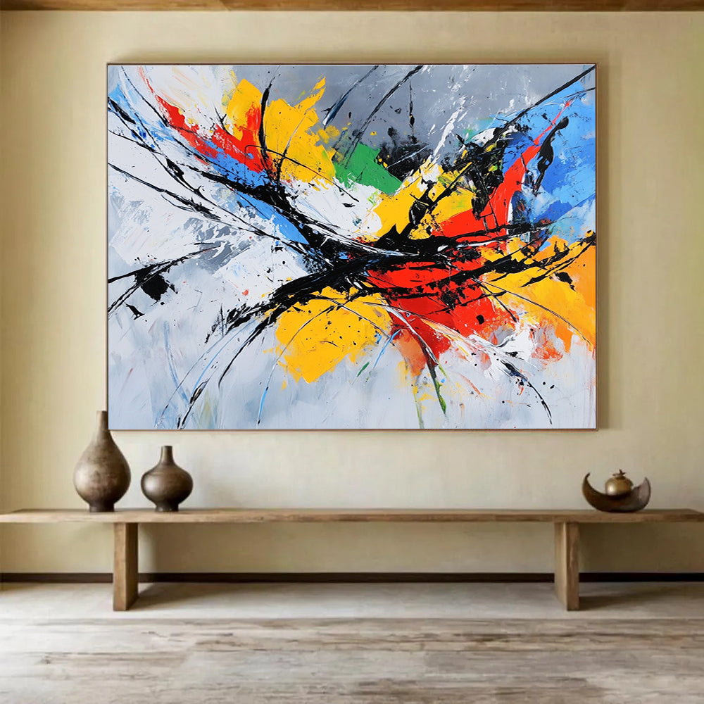 Colorful Expressive Splatter with Dynamic Black Lines Abstract Painting ABS332
