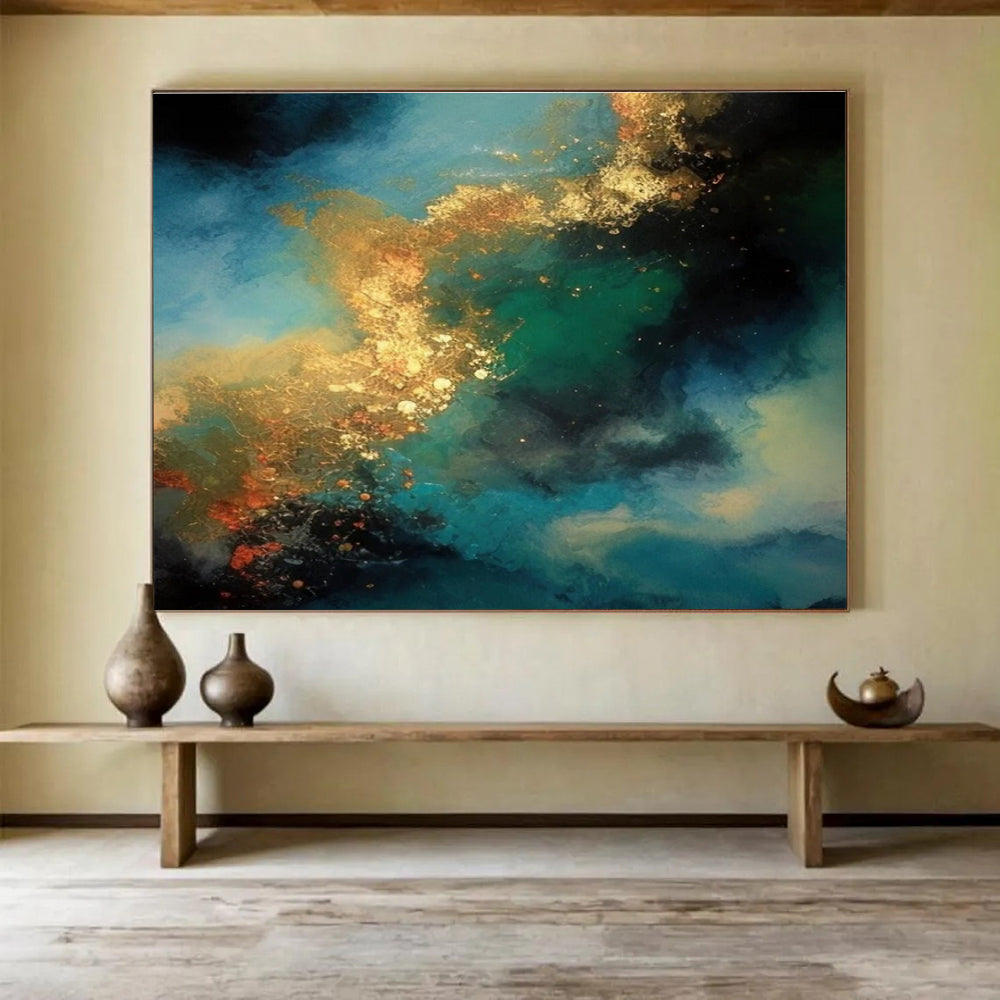 Blue - Gold Abstract Swirl Painting for Luxurious Interiors YHT071