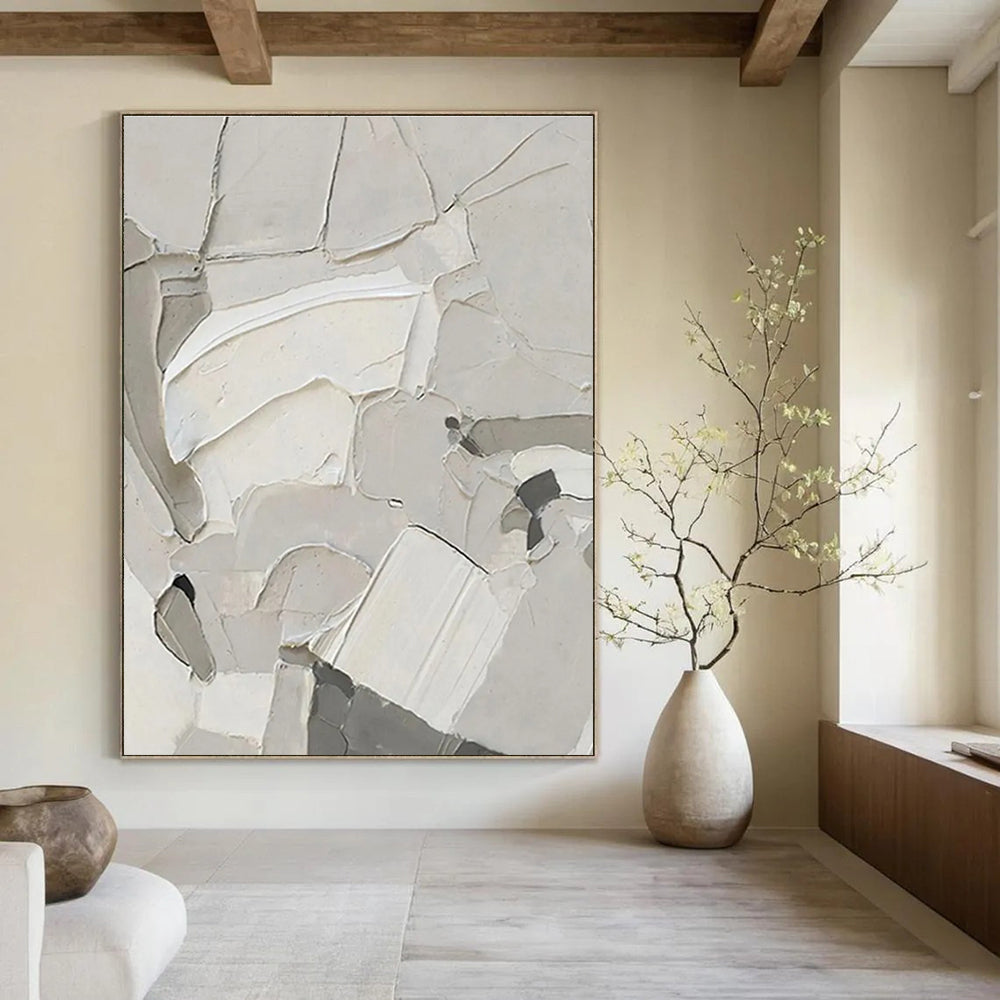 White Textured Abstract Composition Painting for Contemporary Art Galleries HENG509