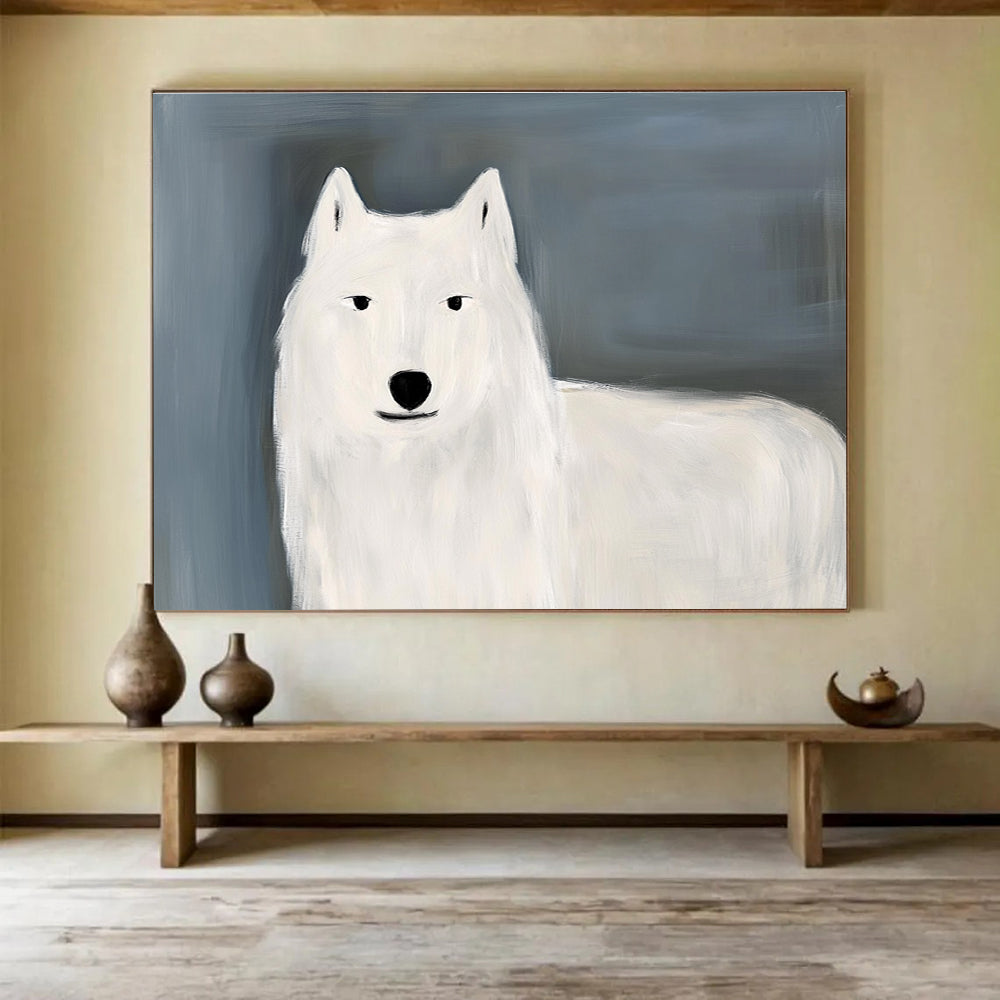 Minimalist White Wolf: Gentle Presence in Simple Shapes Abstract Painting ABS163