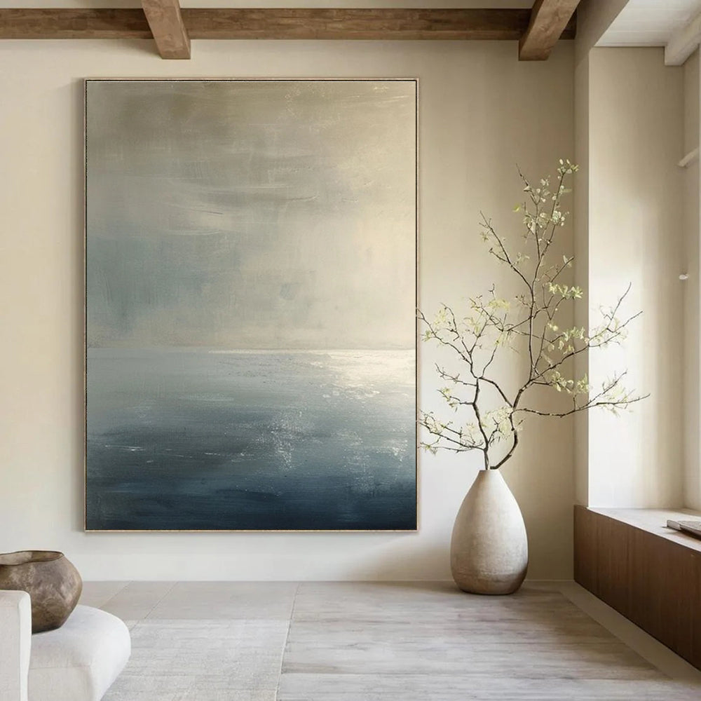 Subtle Monochromatic Sea Abstract Painting for Serene Bedrooms HENG299
