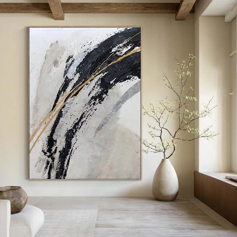 Luxurious Black - Gold Abstract Strokes Painting for Opulent Spaces HENG249