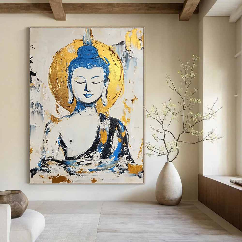 Buddha in Blue and Gold Abstract Painting for Spiritual Retreat Centers GAB0799
