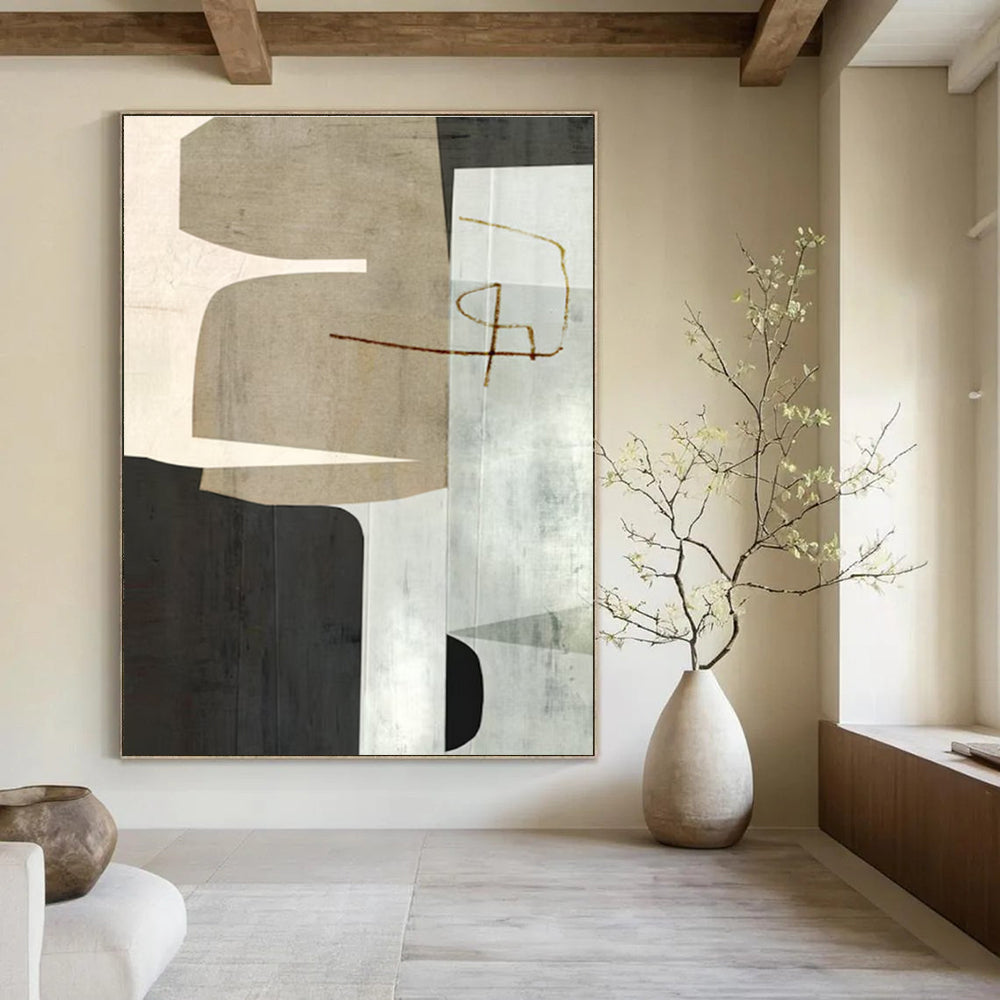Neutral Geometric Collage Abstract Painting for Sophisticated Office Receptions HENG158
