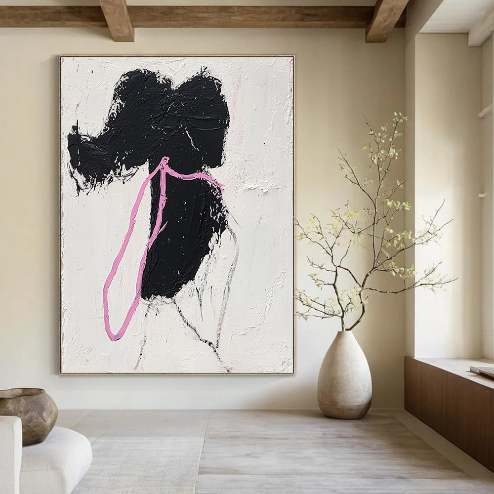 Black Silhouette with Pink Ribbon Abstract Painting for Feminine - Themed Boutiques GAB1376
