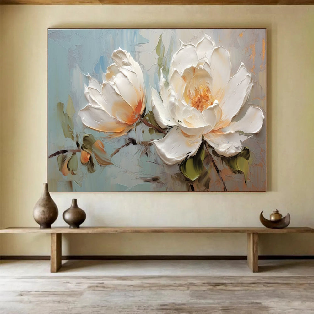 White Peony Abstract Painting for Sophisticated Bedrooms YHT174
