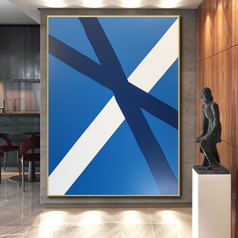 Blue and White Crossed Stripes Abstract Painting with Clean Geometry WINK023