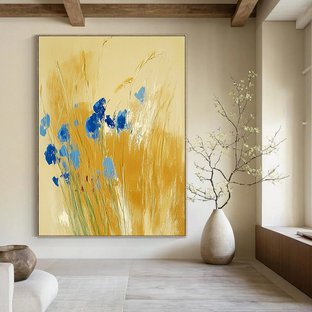 Blue Flowers in Golden Grass Abstract Painting for Country - Style Patios GAB0797