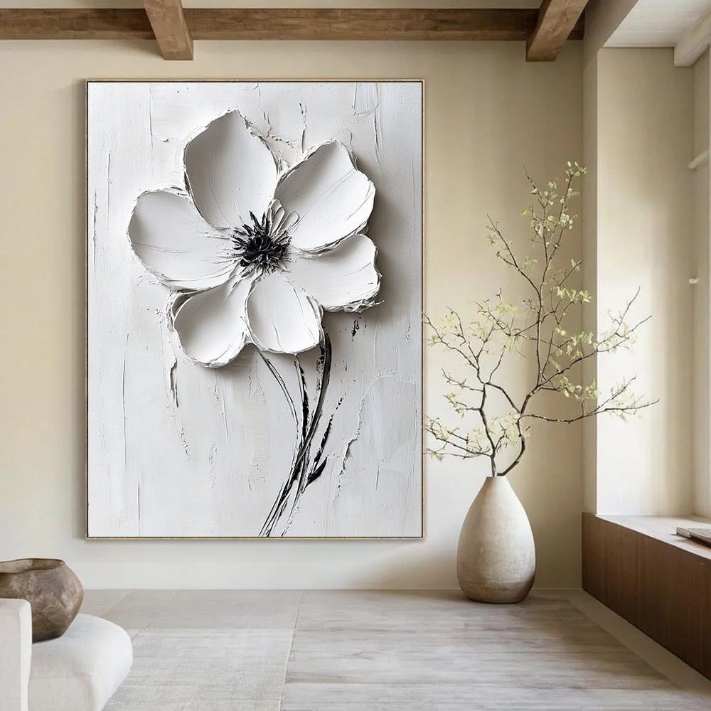 White Flower Relief Abstract Painting for Minimalist Bedrooms GAB1000