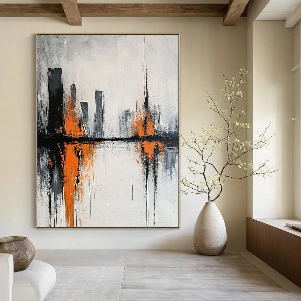 Abstract City Reflection Painting in Gray and Orange GAB0664