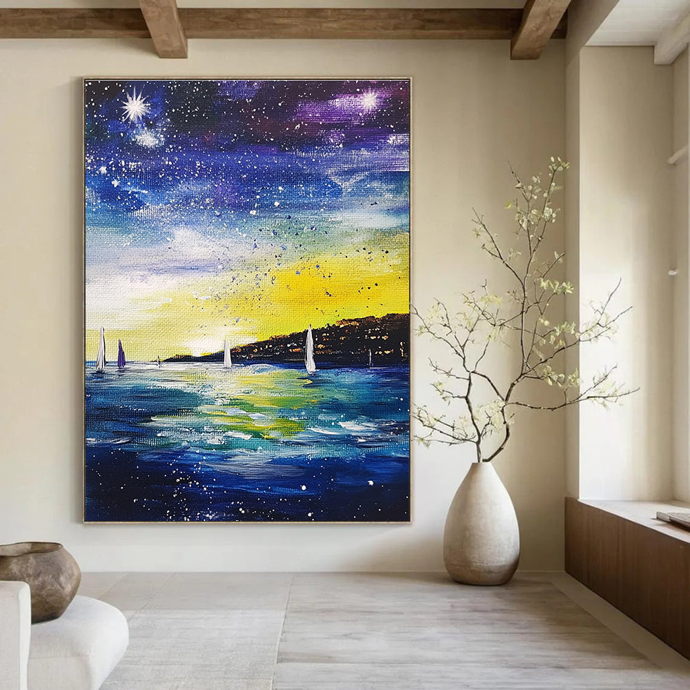 Starry Night Seaside Abstract Painting for Nautical - Themed Bedrooms GAB1263