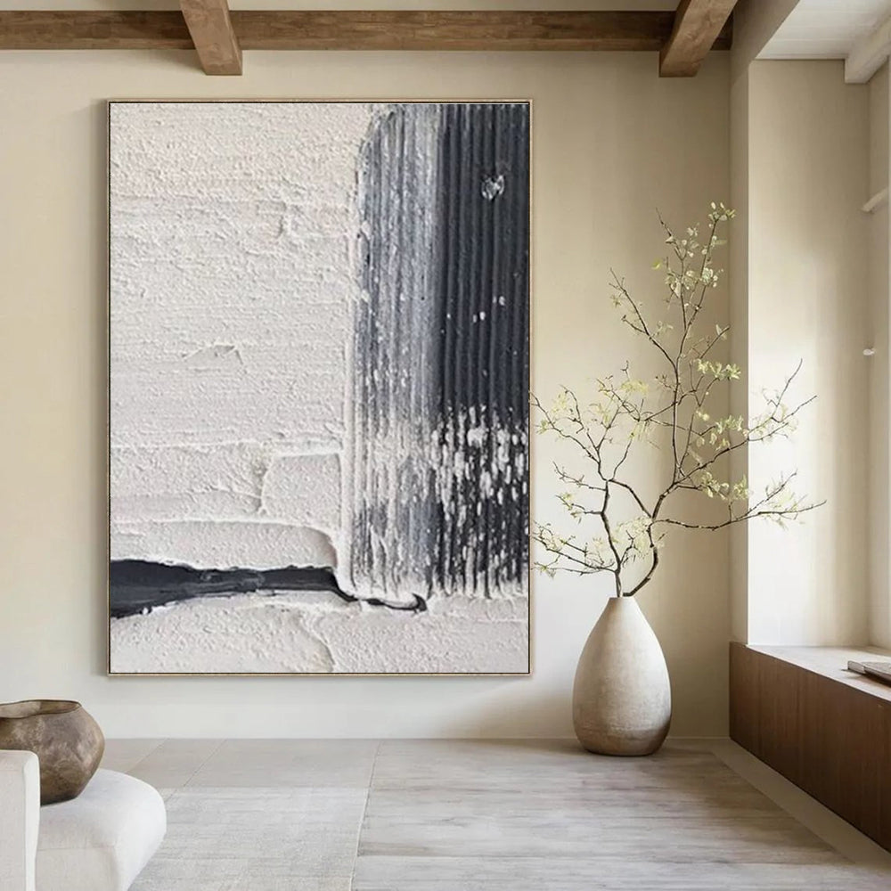 Textured White - Black Abstract Painting for Minimalist Art Installations HENG147