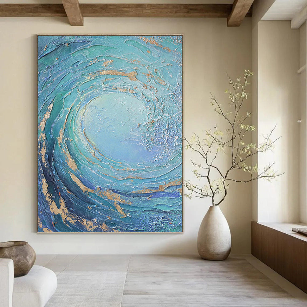 Textured Blue and Gold Vortex Abstract Painting for Luxurious Interiors HENG332