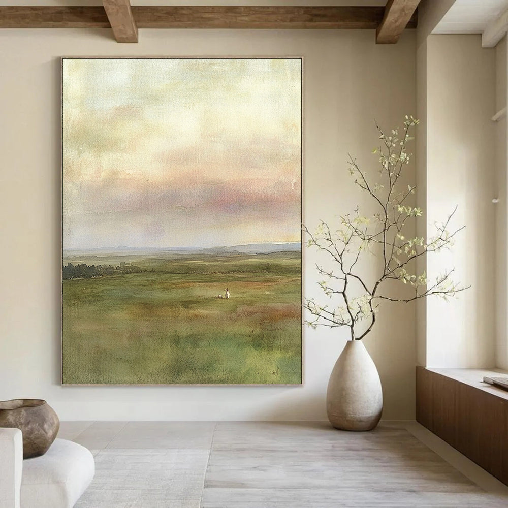 Green Field with Figure - Serene Landscape Watercolor Art GAB0390