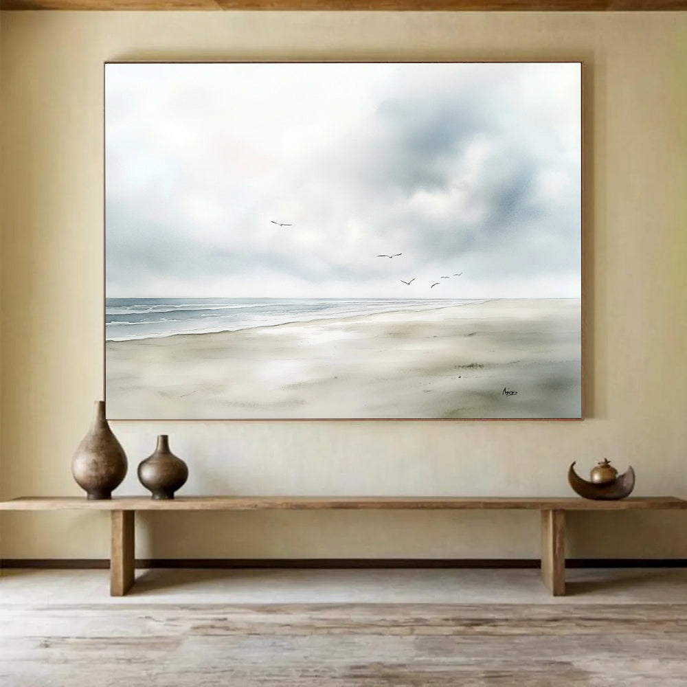 Seaside with Flying Birds Abstract Painting with Tranquil Serenity ABS613
