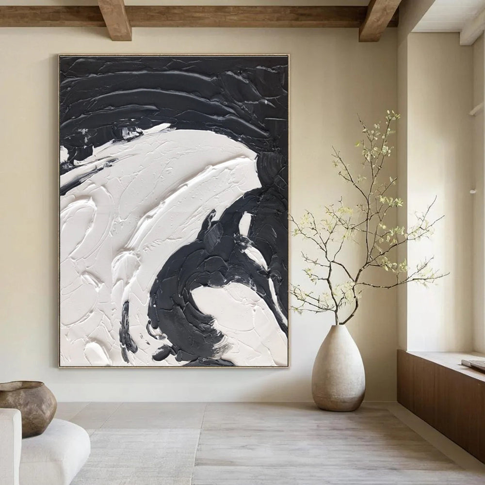Black - White Swirl Textured Abstract Painting for Contemporary Living Rooms HENG393